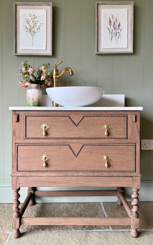 Single Oak Vanity, Carrara Quartz top, basin and Upstand. (78cm wide)