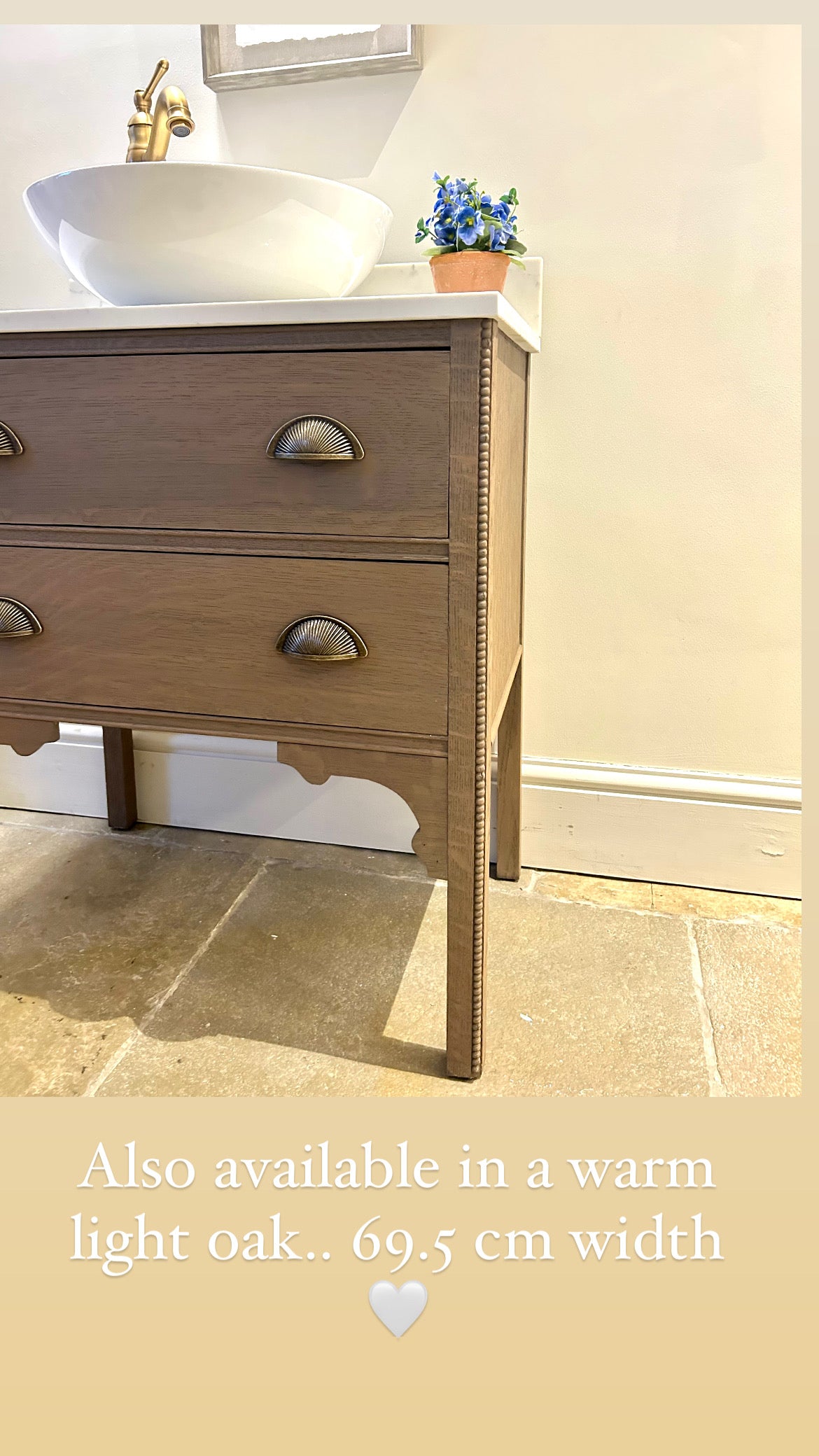 Small Vanity Sink in Warm Oak with quartz top, Upstand and countertop basin. 69.5 cm width