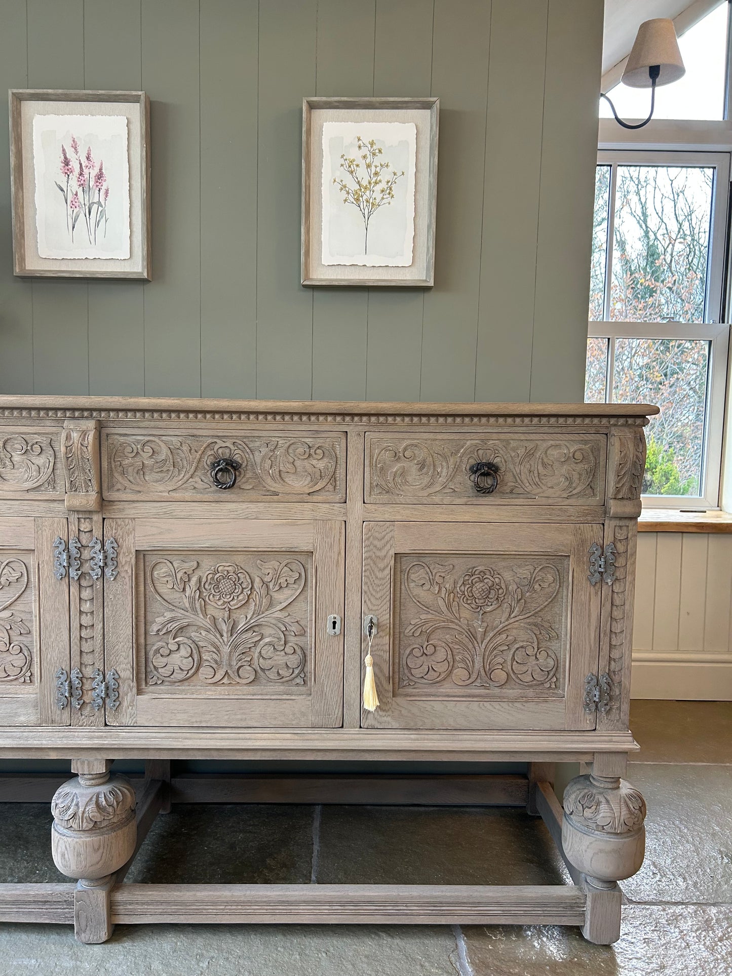 Vintage Carved Weathered Oak Sideboard