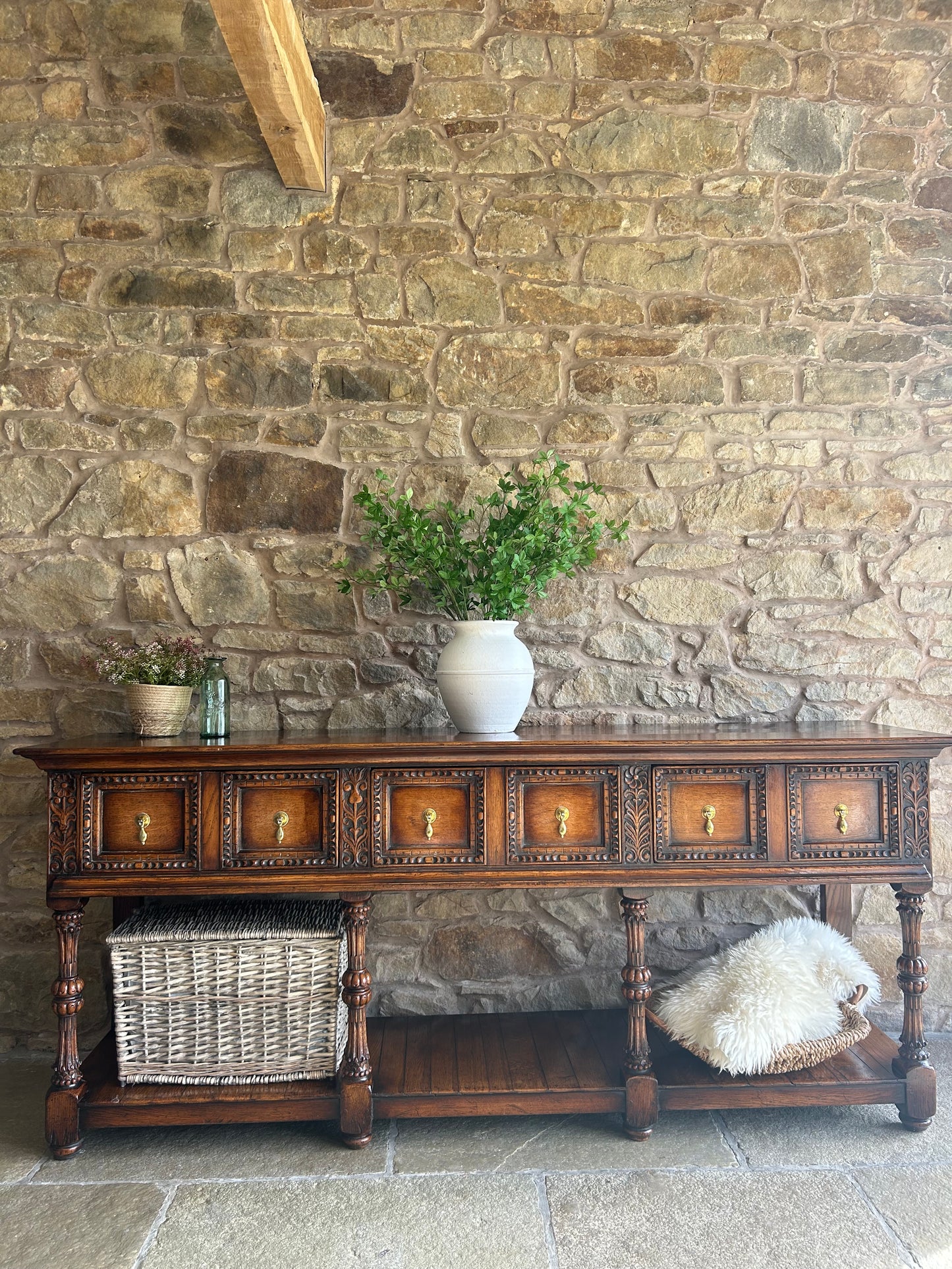 Antique 1880s Solid Dark Oak Console Sideboard