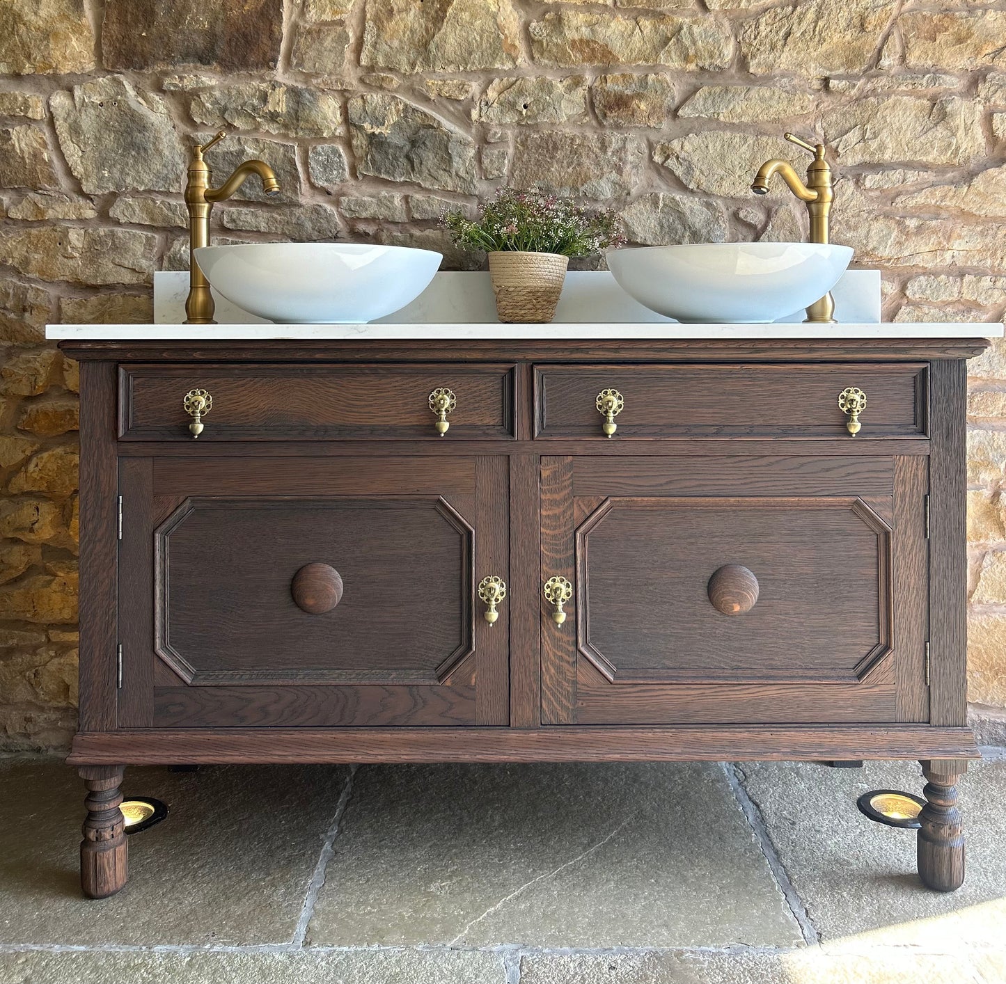 Vintage Double Vanity Sink in Classic Dark Oak, quartz top, Upstand and two basins. (139cm wide)