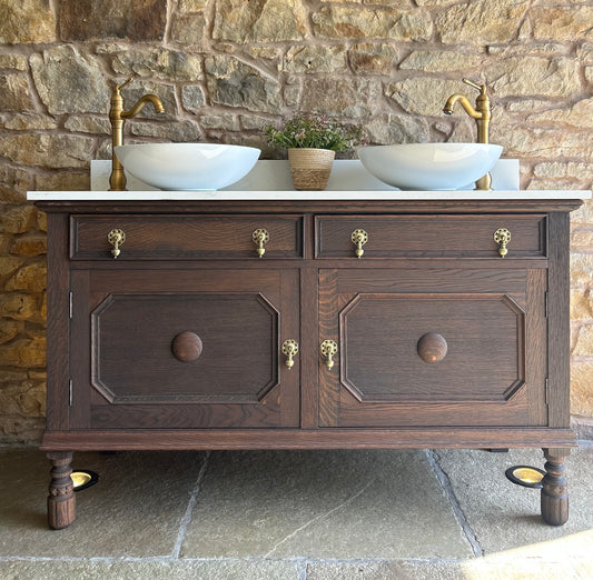 Vintage Double Vanity Sink in Classic Dark Oak, quartz top, Upstand and two basins. (139cm wide)