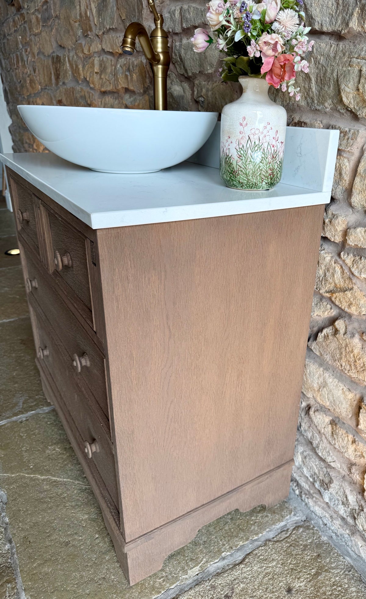 Vintage Oak Vanity Sink Unit, Quartz Top, Upstand and Basin (78cm wide)