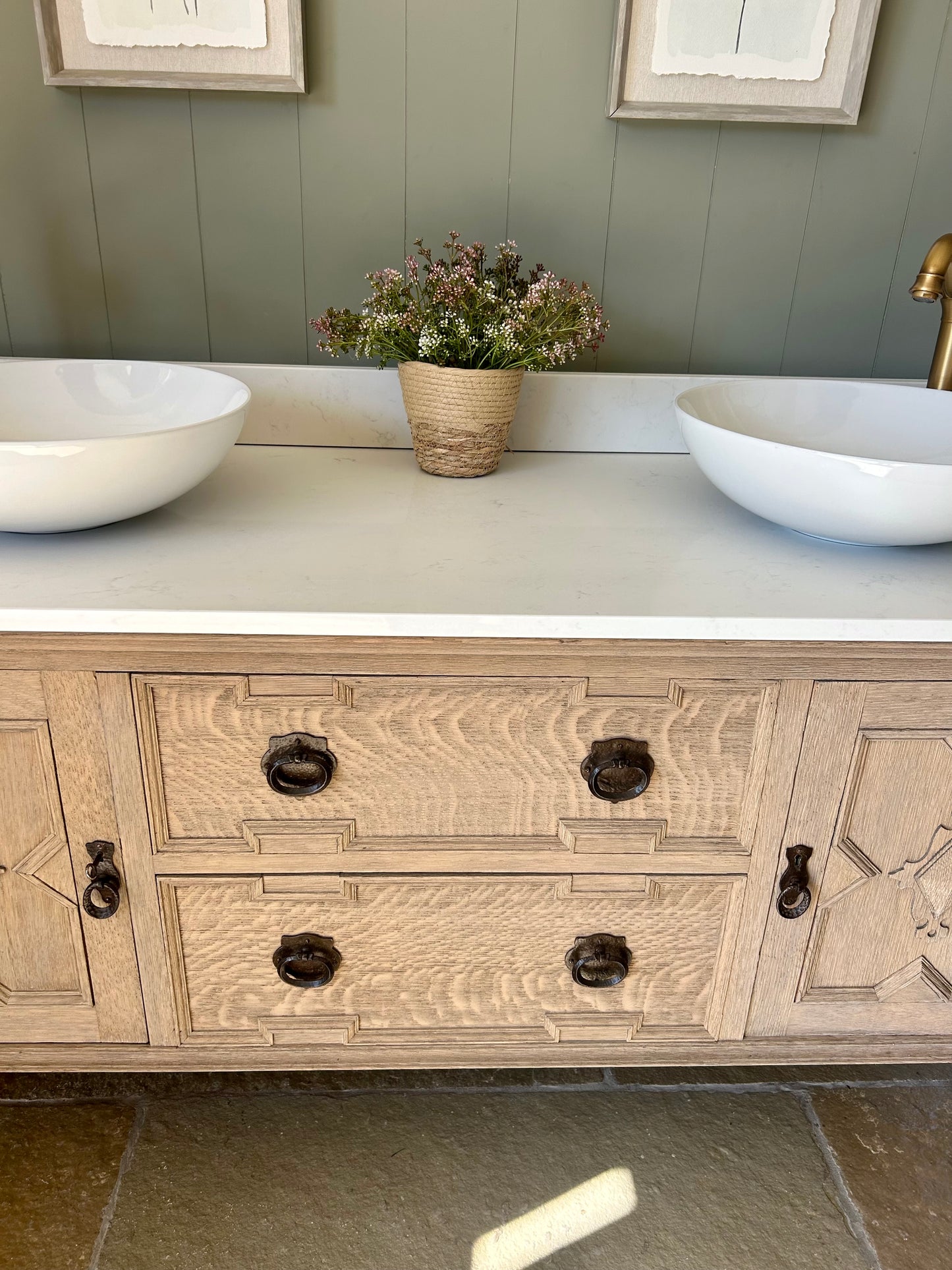 Light Oak Double Vanity Sink, quartz top, Upstand and two basins.
