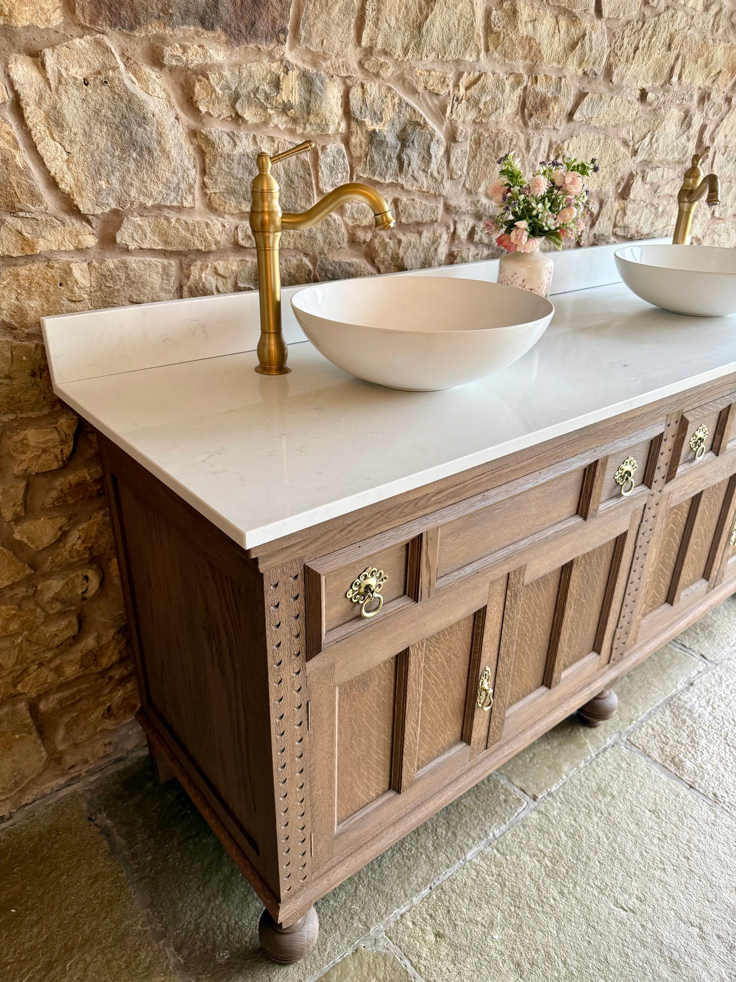 Large Solid Oak Double Vanity Sink Unit, Quartz Top, Upstand and Two Basins (185cm wide)