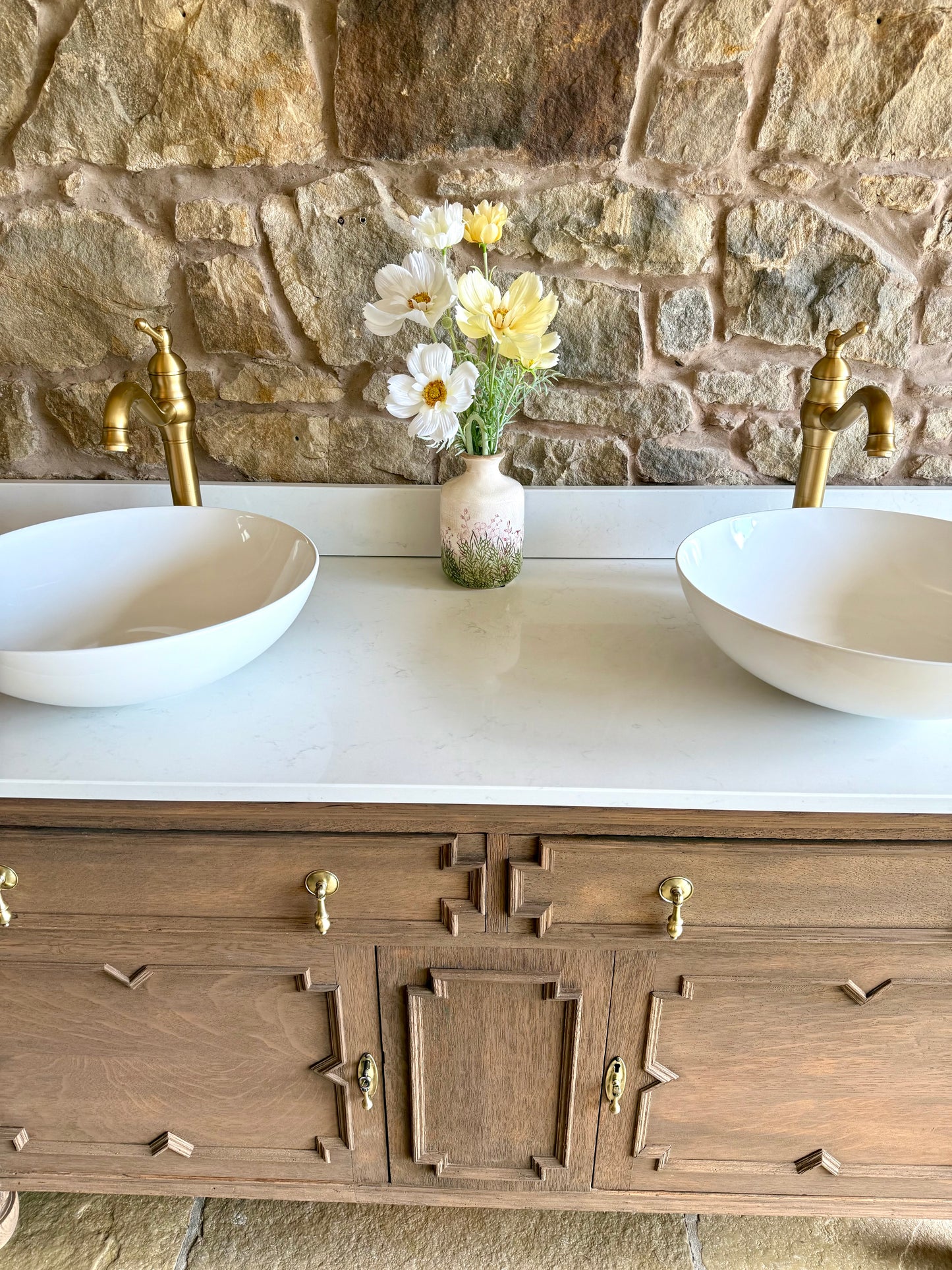Vintage Solid Oak Double Vanity Sink Unit in a Warm Oak. Carrara Quartz Top, Upstand and Two Basins
