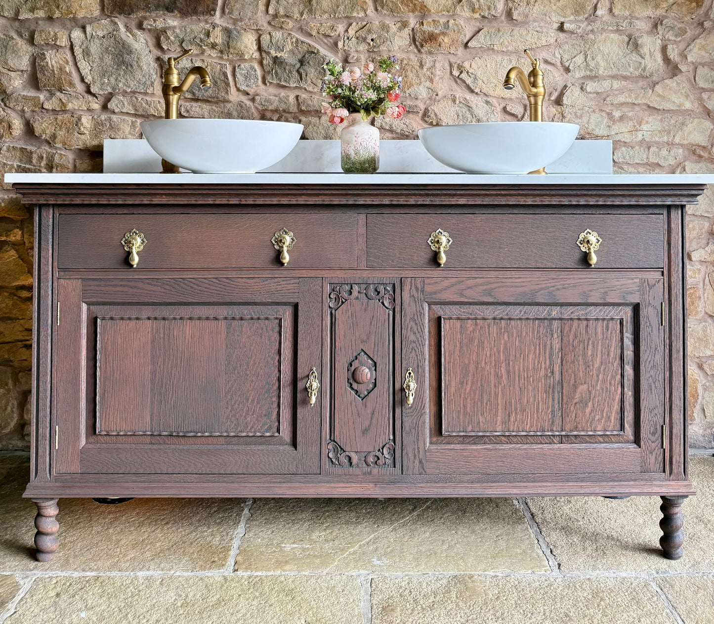 Vintage Solid Oak Vanity Sink, in a Classic Dark Oak, Quartz Top, Upstand and two basins