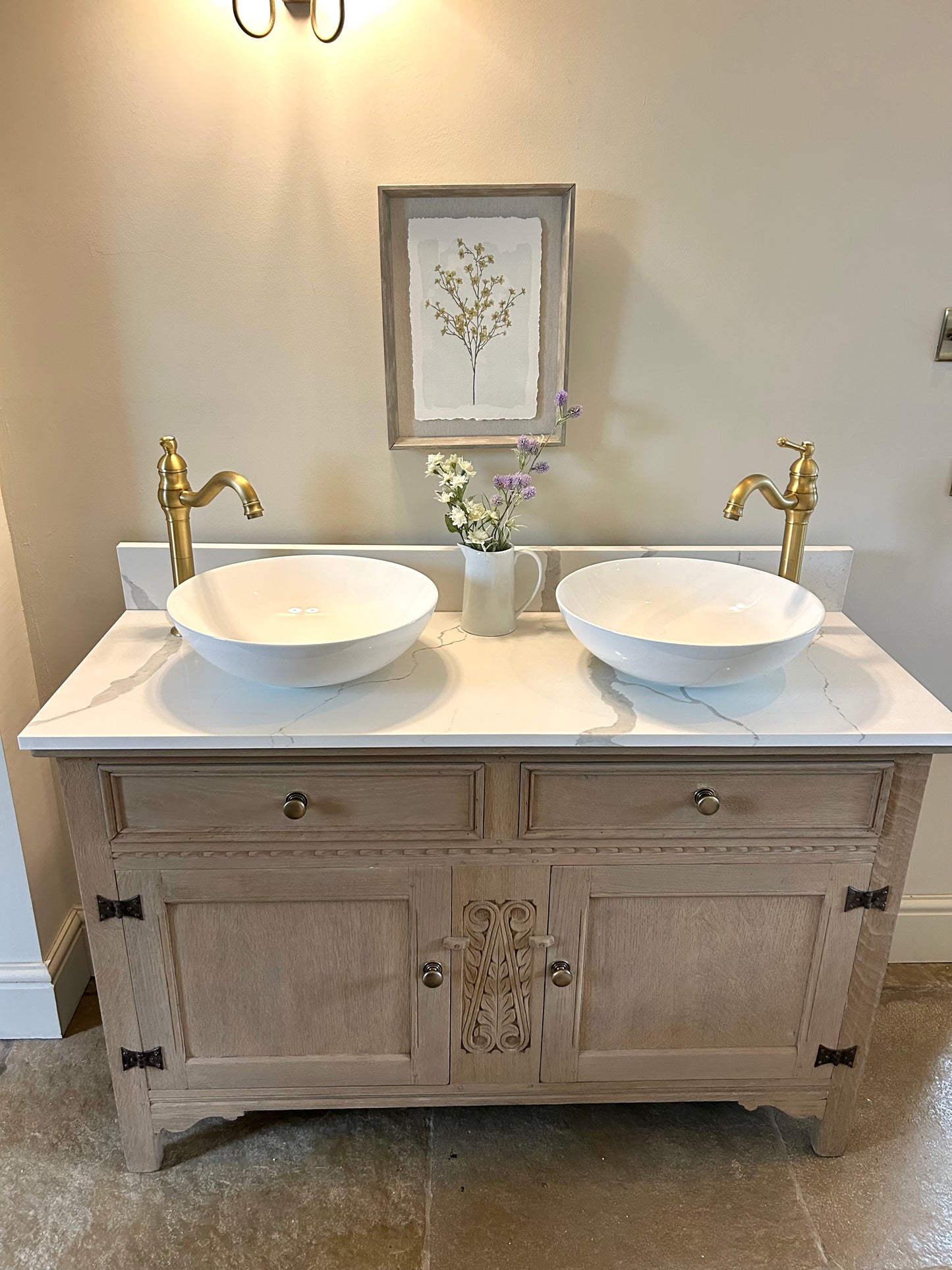 Large Vintage Weathered Oak Double vanity sink with quartz / marble top. 129cm wide