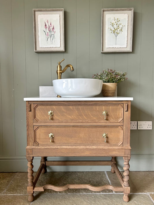 Single Solid Oak Vanity Sink, Carrara Quartz top, countertop basin and Upstand. (77cm wide)