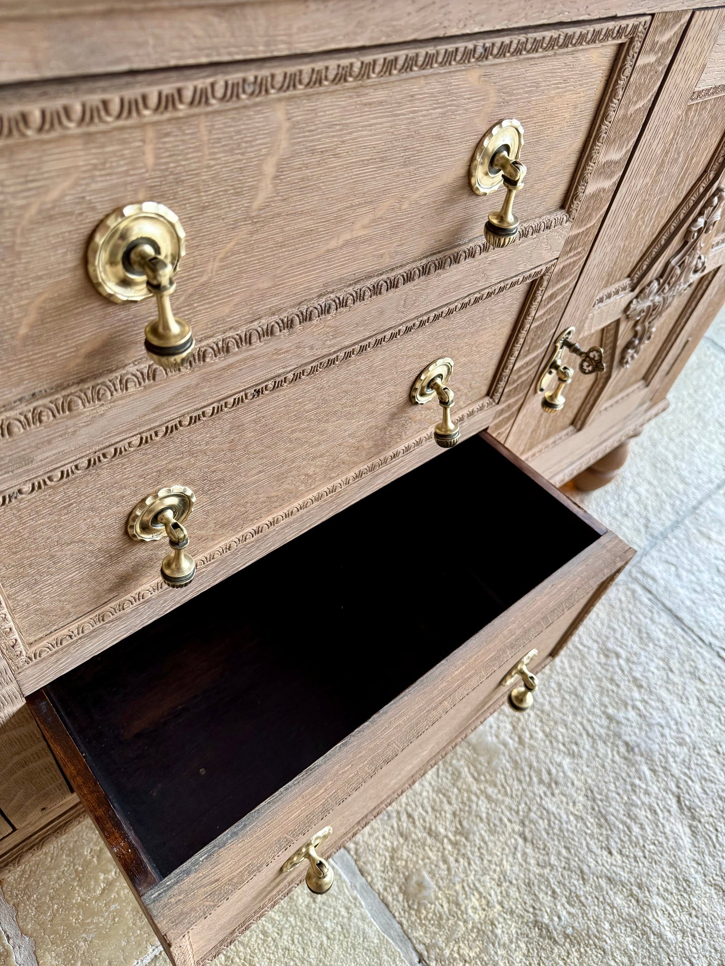 Vintage Solid Oak Double Vanity Sink, Carrara Quartz Top, Upstand and Two Basins