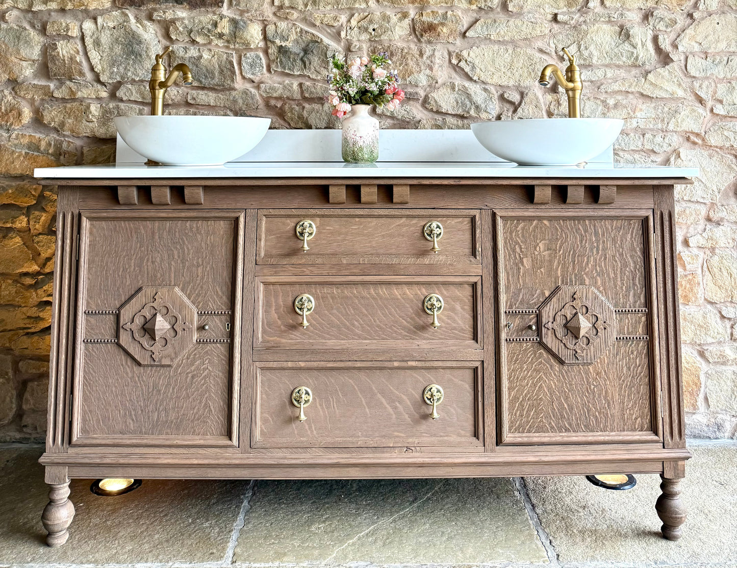 Vintage Solid Oak Vanity Sink, Quartz Top, Upstand and Basins (154cm wide)