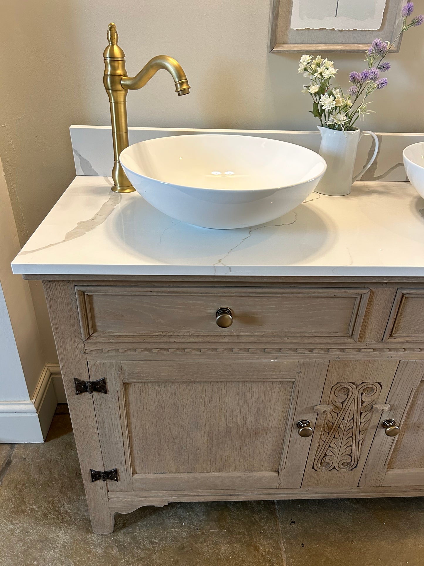 Large Vintage Weathered Oak Double vanity sink with quartz / marble top. 129cm wide