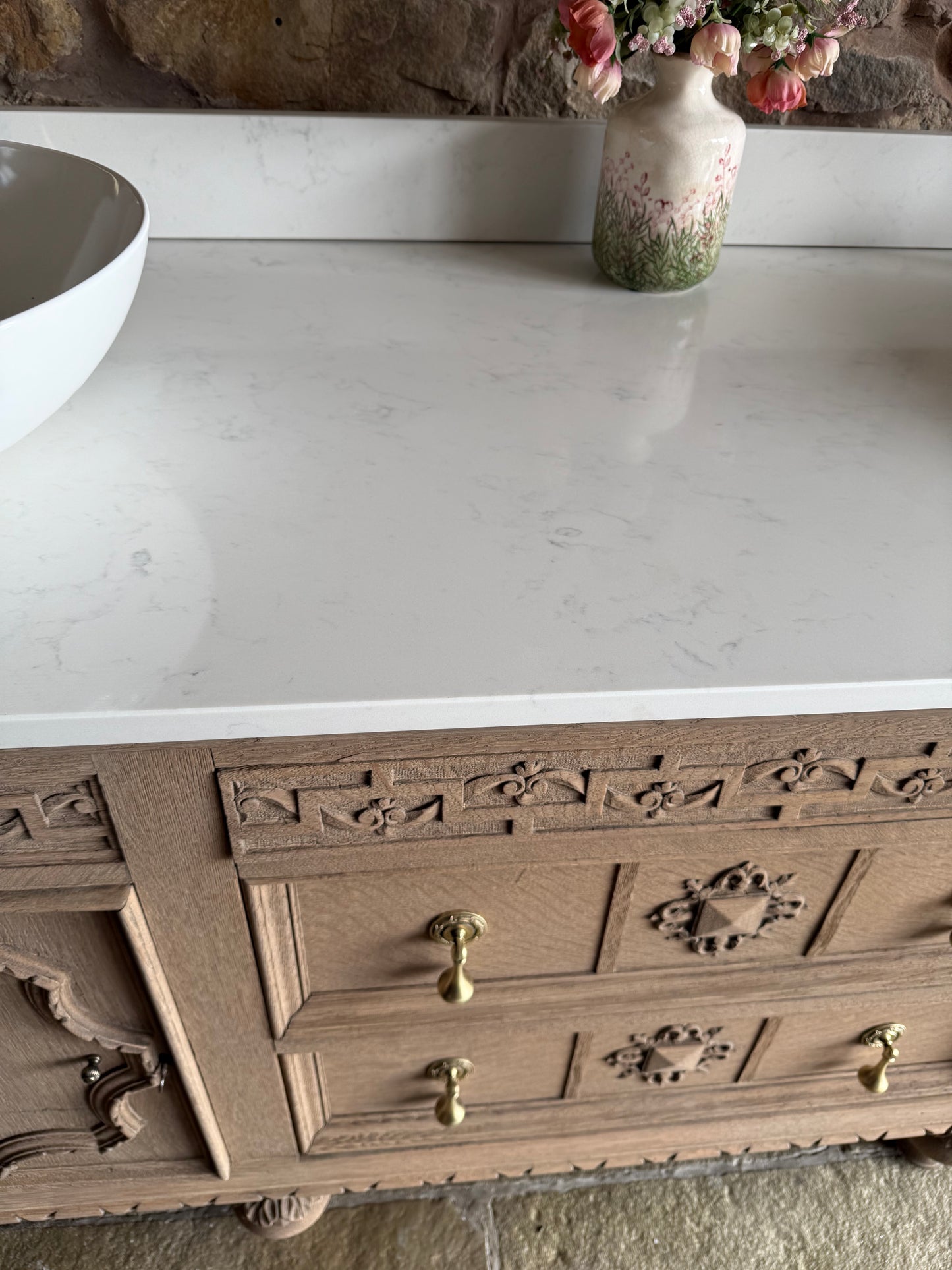 Rustic Large Double Vanity Sink Unit, Quartz top, Upstand and two basins (185cm wide)