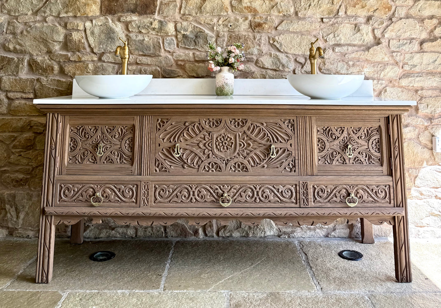 Large Ornate Warm Oak Vintage Vanity Sink Unit, Carrara Quartz Worktop, Upstand and Two Basins (185cm wide)