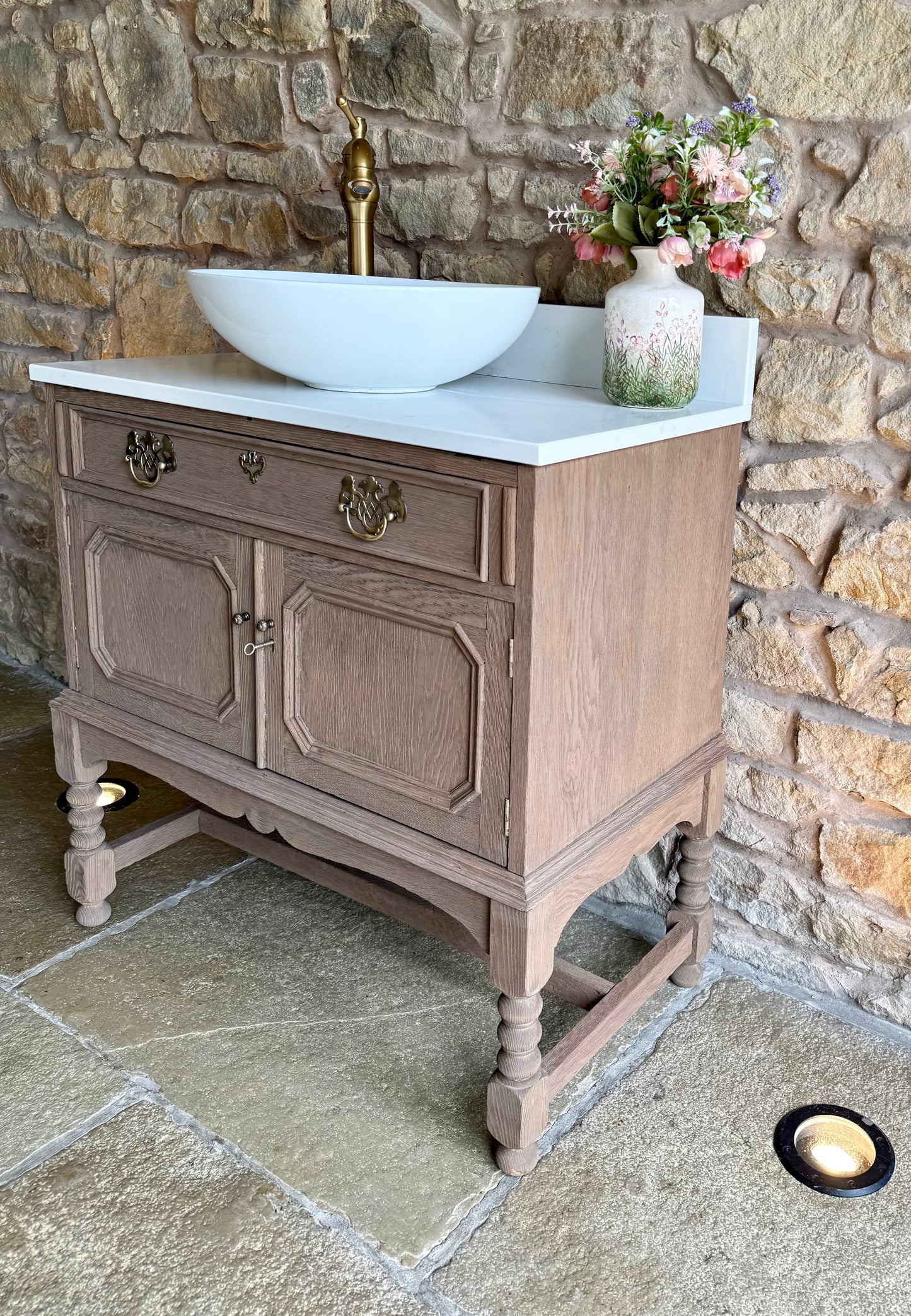 Solid Oak Vintage Vanity Sink Unit, Quartz Top, Upstand and Basin. (79cm wide)