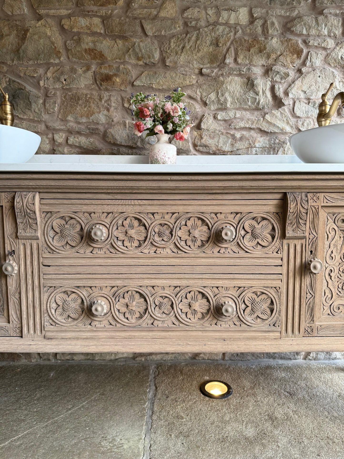 Antique Ornate Solid Oak large, double vanity Sink, Carrara Quartz top, Upstand and two basins. (185cm wide)