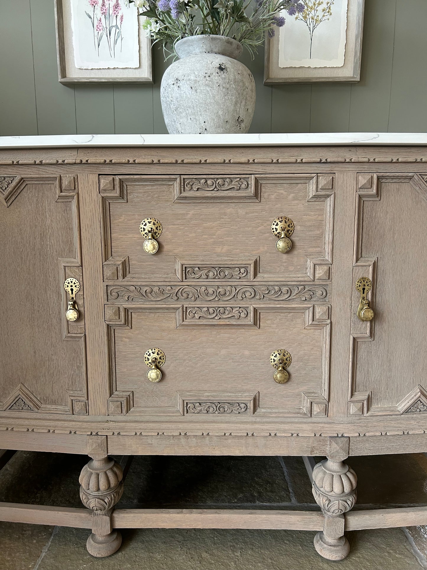 Marble Topped Vintage Sideboard. Medium Sized