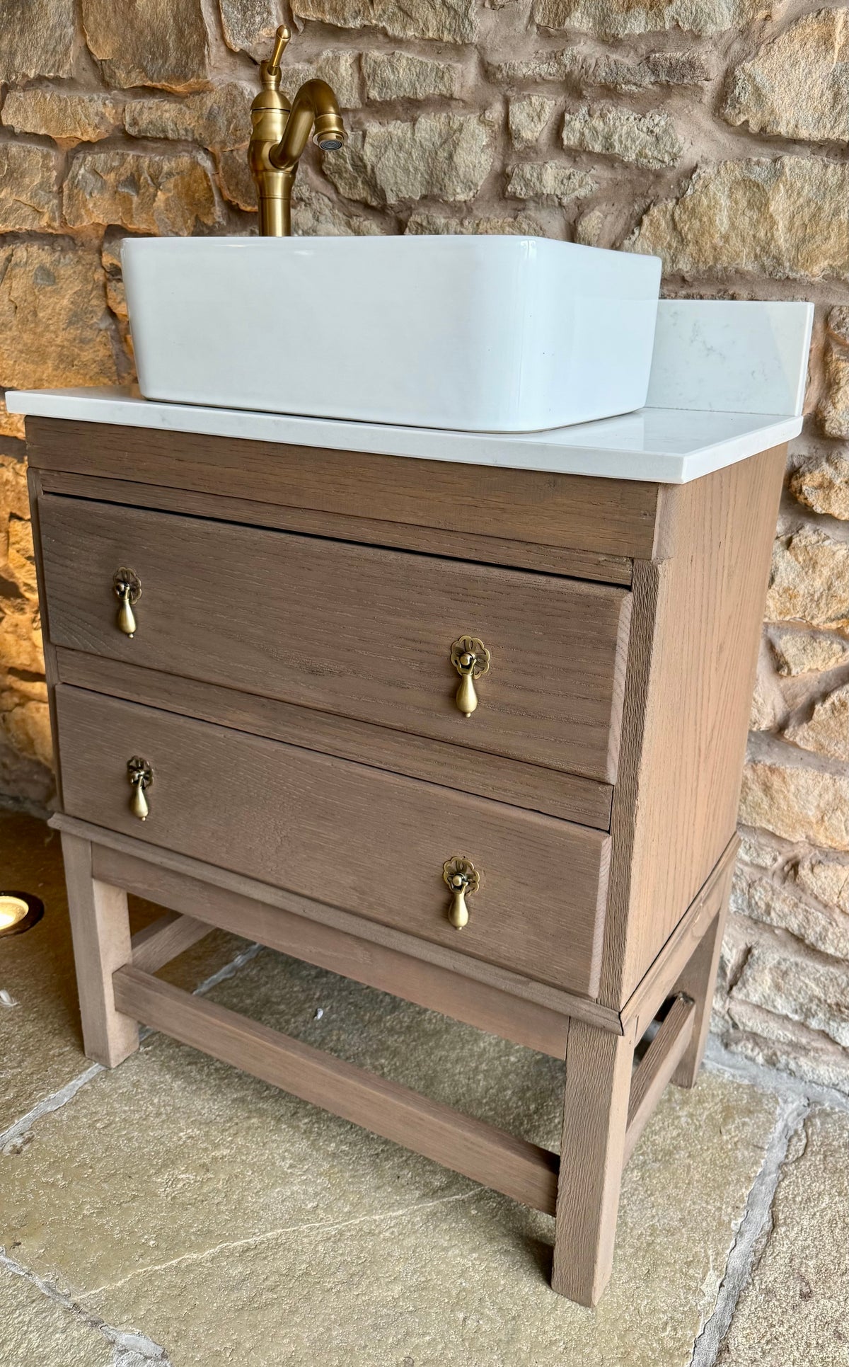 Small Vintage Oak Vanity Sink Unit, Quartz Top, Upstand and Basin (66cm wide)