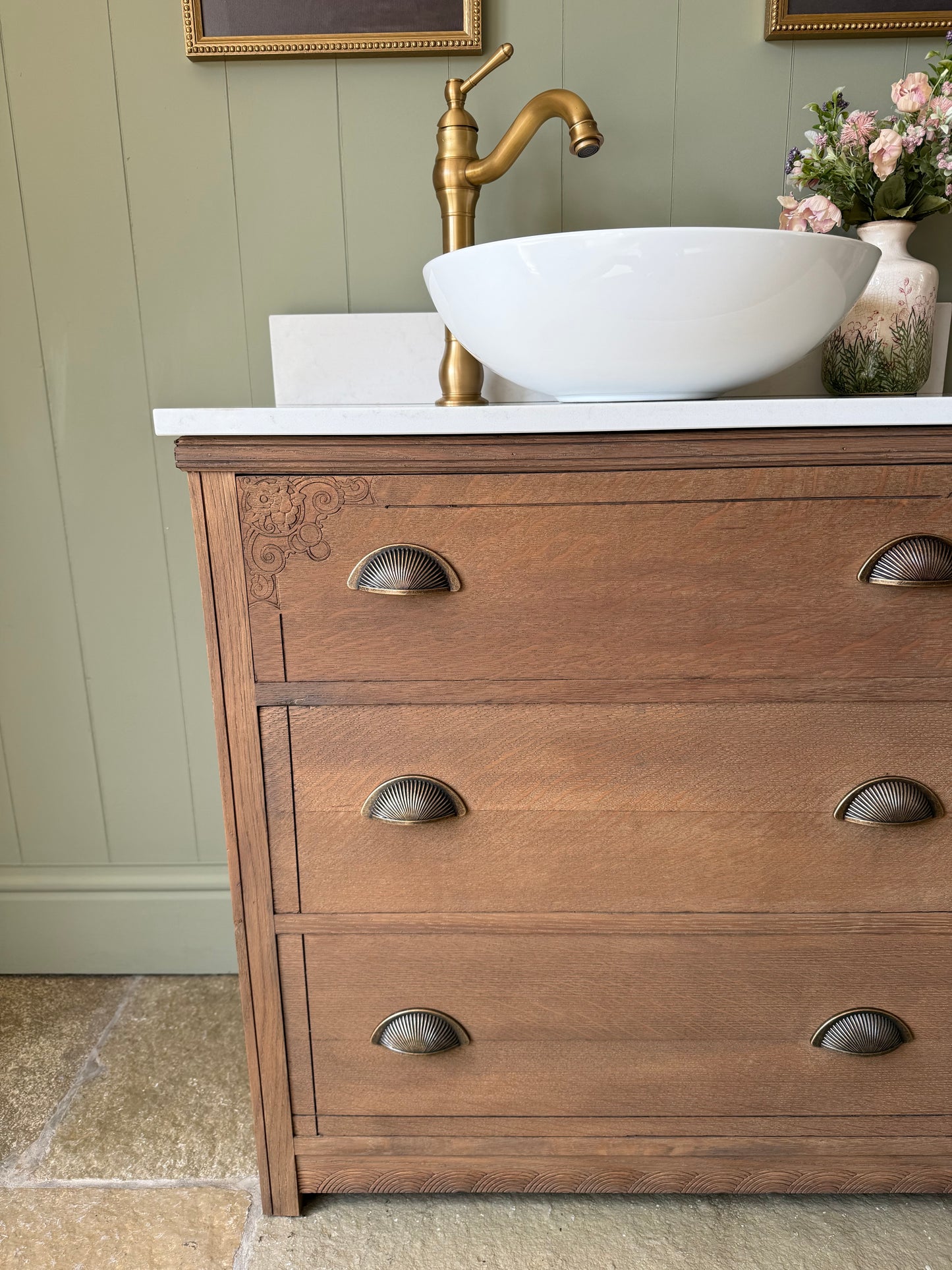 Small Vintage Solid Oak Vanity Sink, Quartz Top, Upstand and basin (79cm wide)