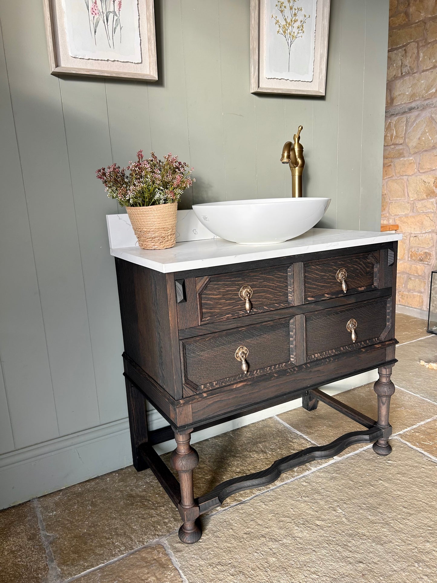 Dark Solid Oak Vintage Vanity Sink with quartz top, Upstand and Basin. 76cm wide