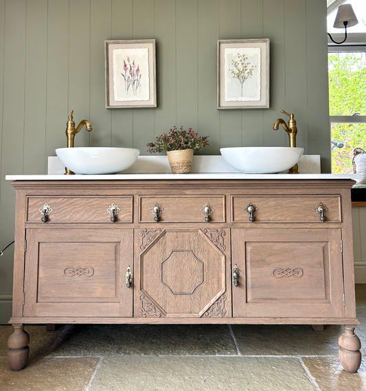 Vintage Solid Oak Double Vanity Sink in a Mid Warm Oak. Quartz top, Upstand and two basins. (155.5cm wide)