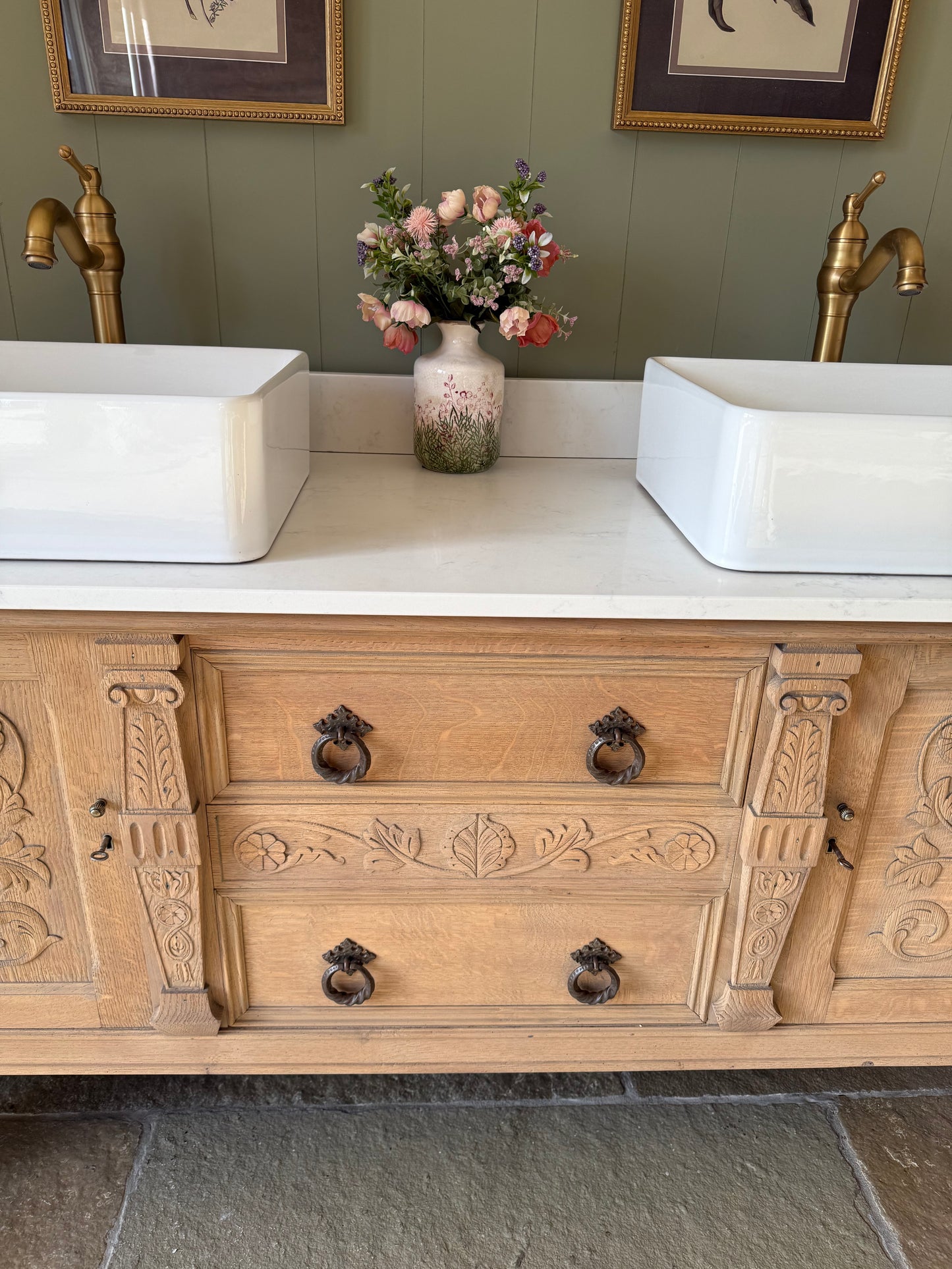 Pretty Carved Oak Vintage Vanity Sink Unit, Carrara Quartz top, Upstand and two basins (can be rectangular or circular basins) 154cm Wide