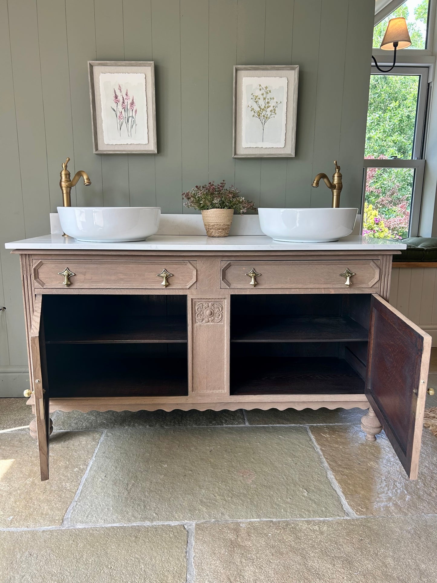 Vintage Double Vanity Sink, Solid Oak, Carrara Quartz top, basins and Upstand. (152cm wide)