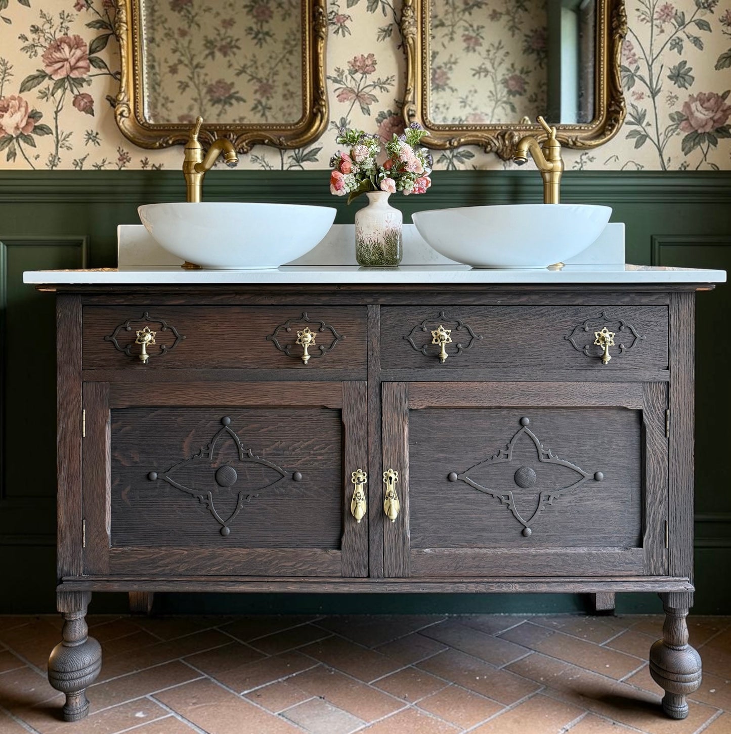 Classic Dark Oak Vintage Vanity Sink Unit, Quartz Top, Upstand and Basins (124cm wide)