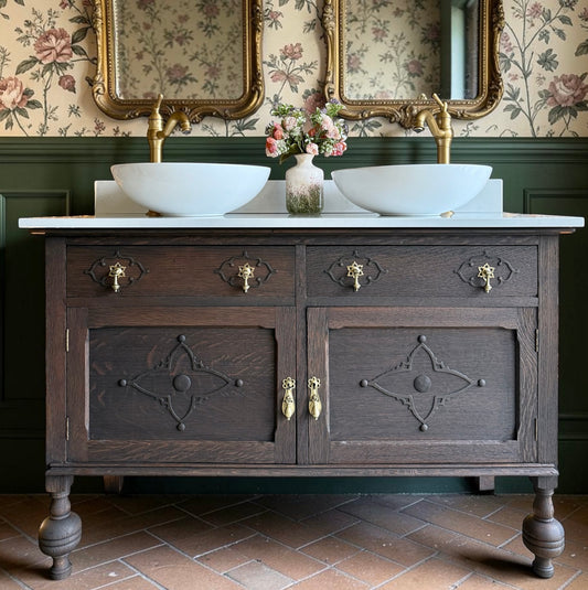 Classic Dark Oak Vintage Vanity Sink Unit, Quartz Top, Upstand and Basins (124cm wide)