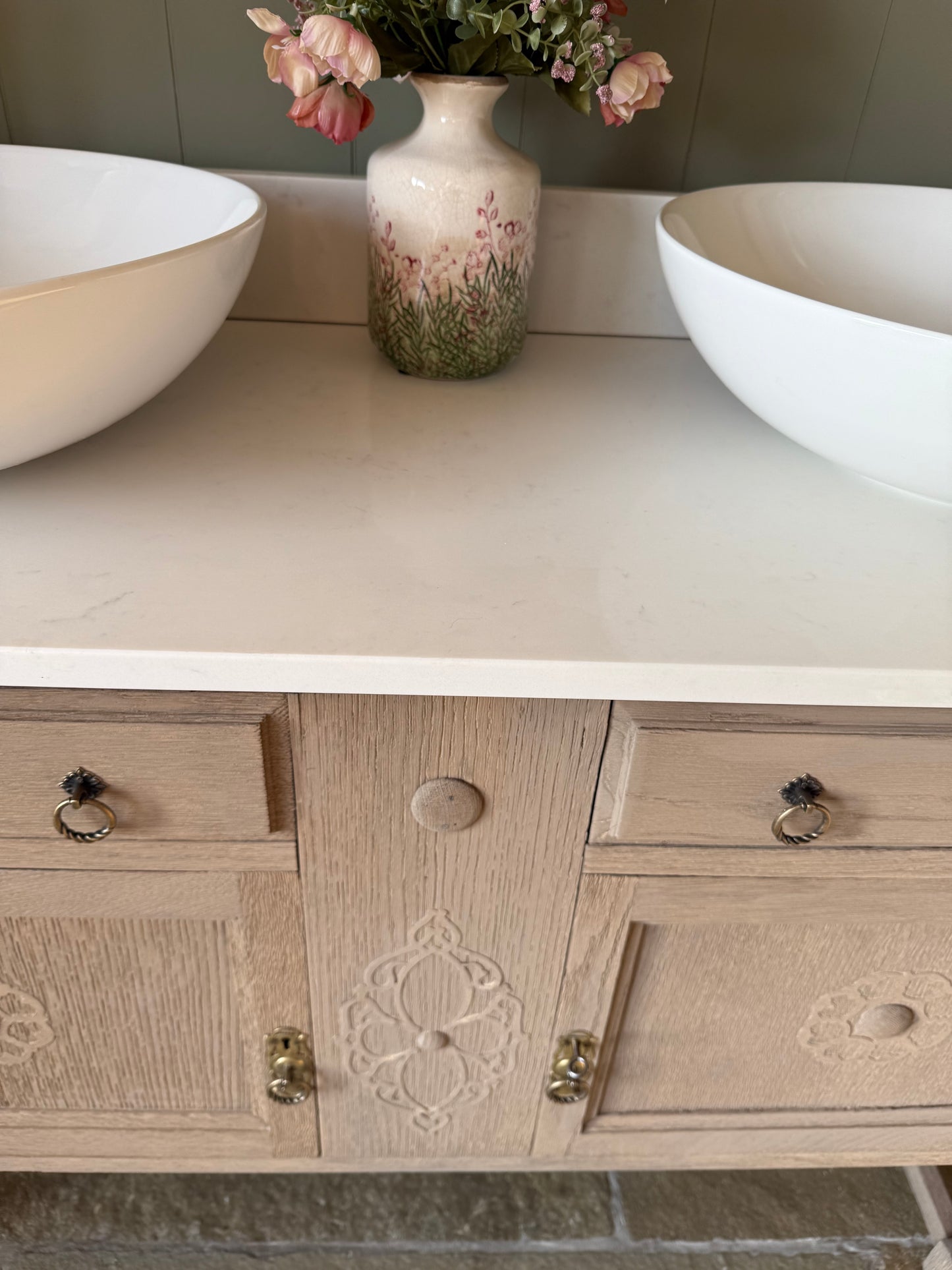 Light oak Vintage Double or Single Vanity Sink Unit, Quartz top, Upstand.