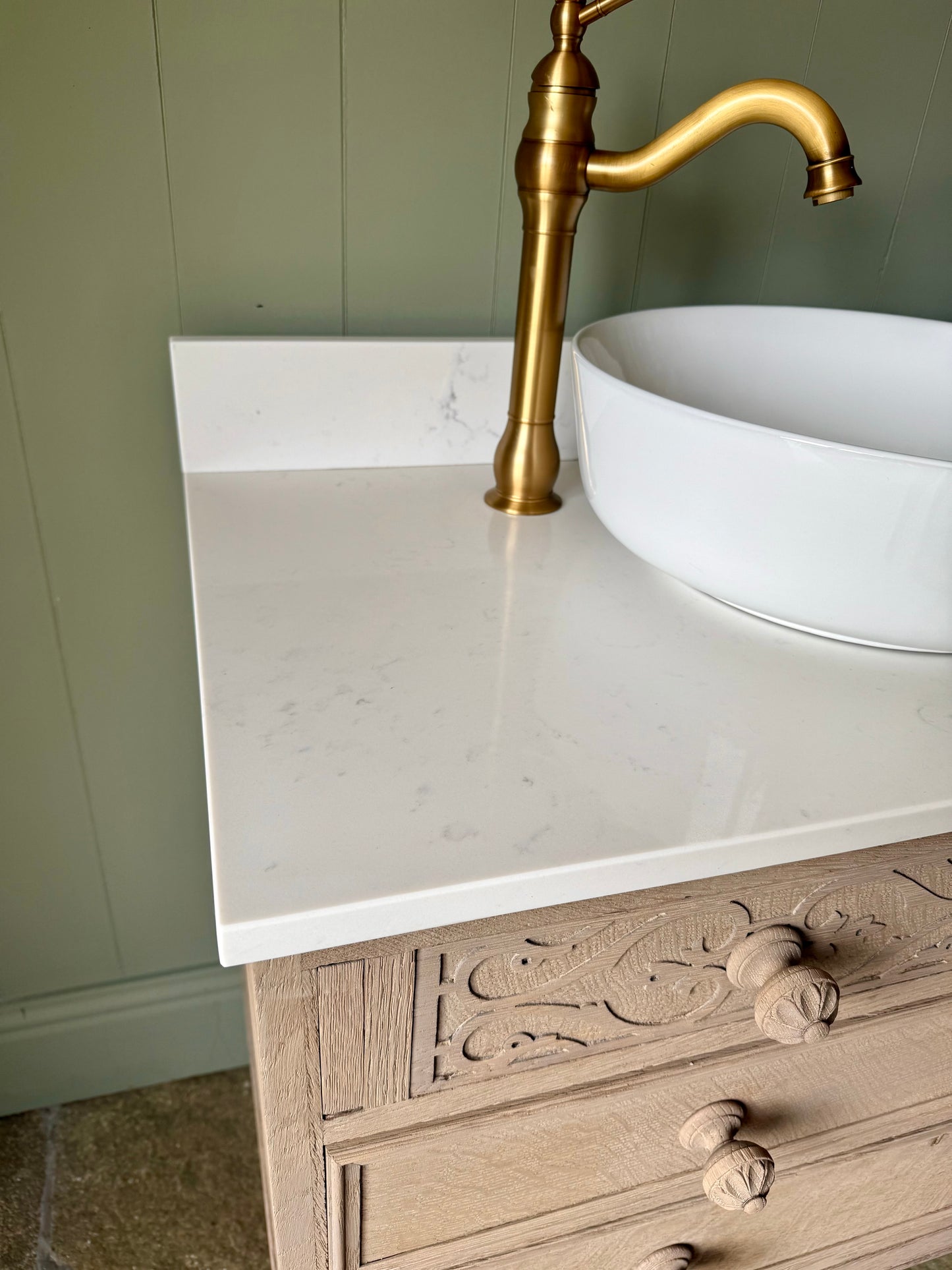 Ornate Light Oak Vanity Sink, Carrara Quartz top, Upstand and basin (90.5cm wide)
