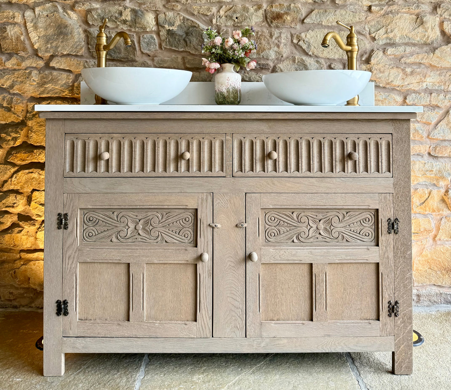 Solid Oak Double Vanity Sink Unit, Quartz Top, Upstand and two basins. (127cm wide)
