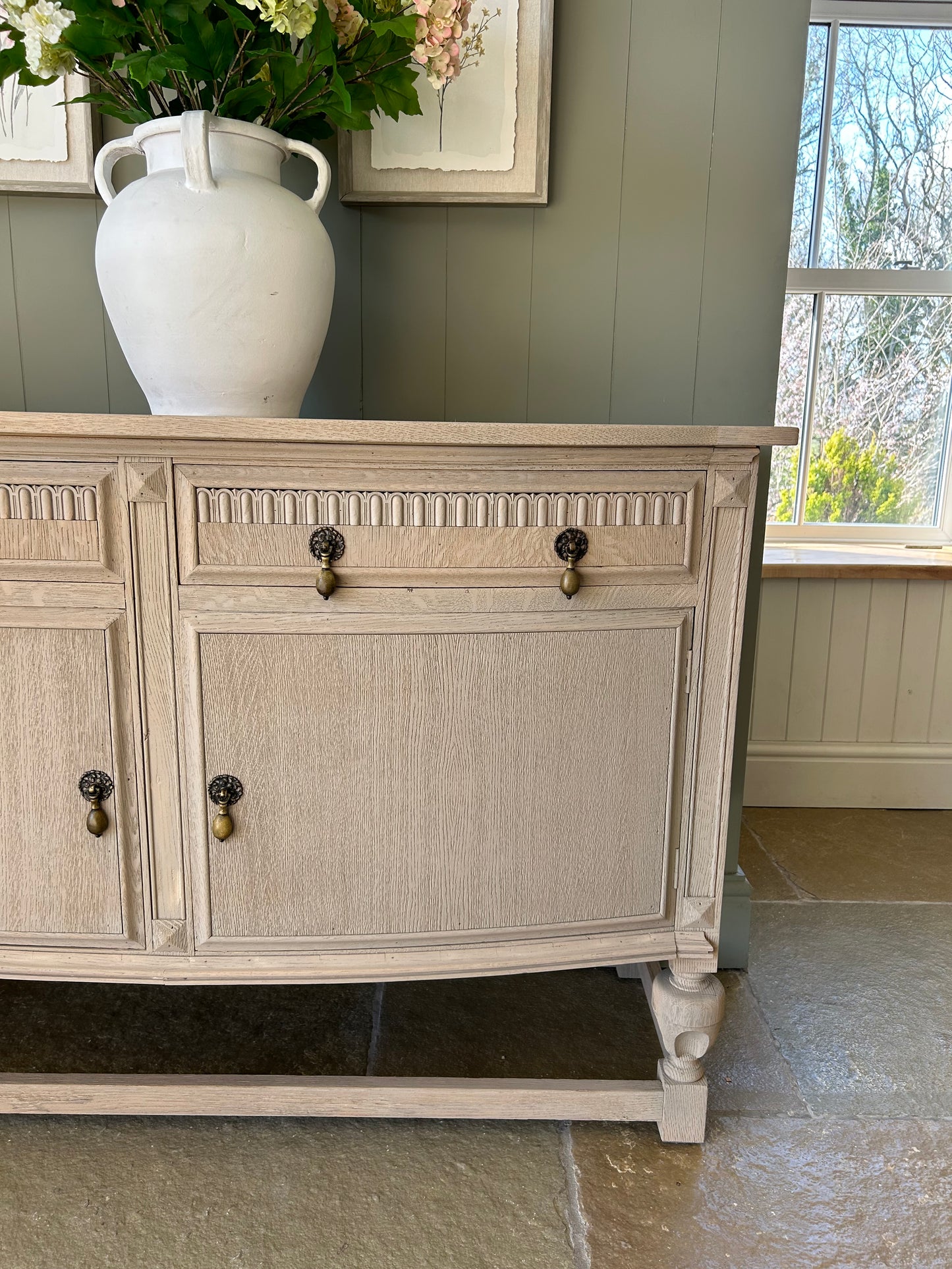 Vintage Bow Fronted sideboard finished in a weathered oak style.