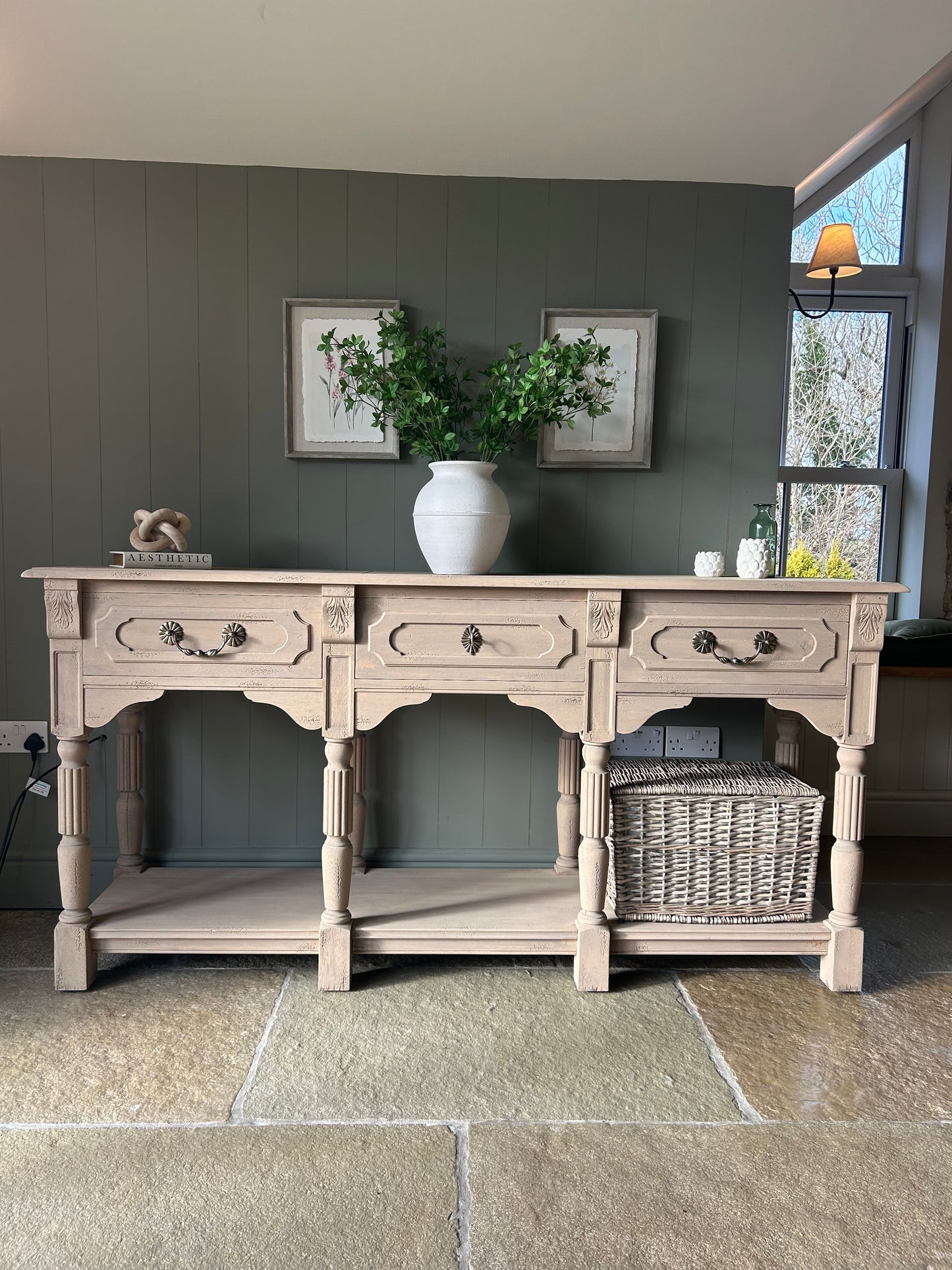 Large rustic Console Table finished in a light weathered oak.