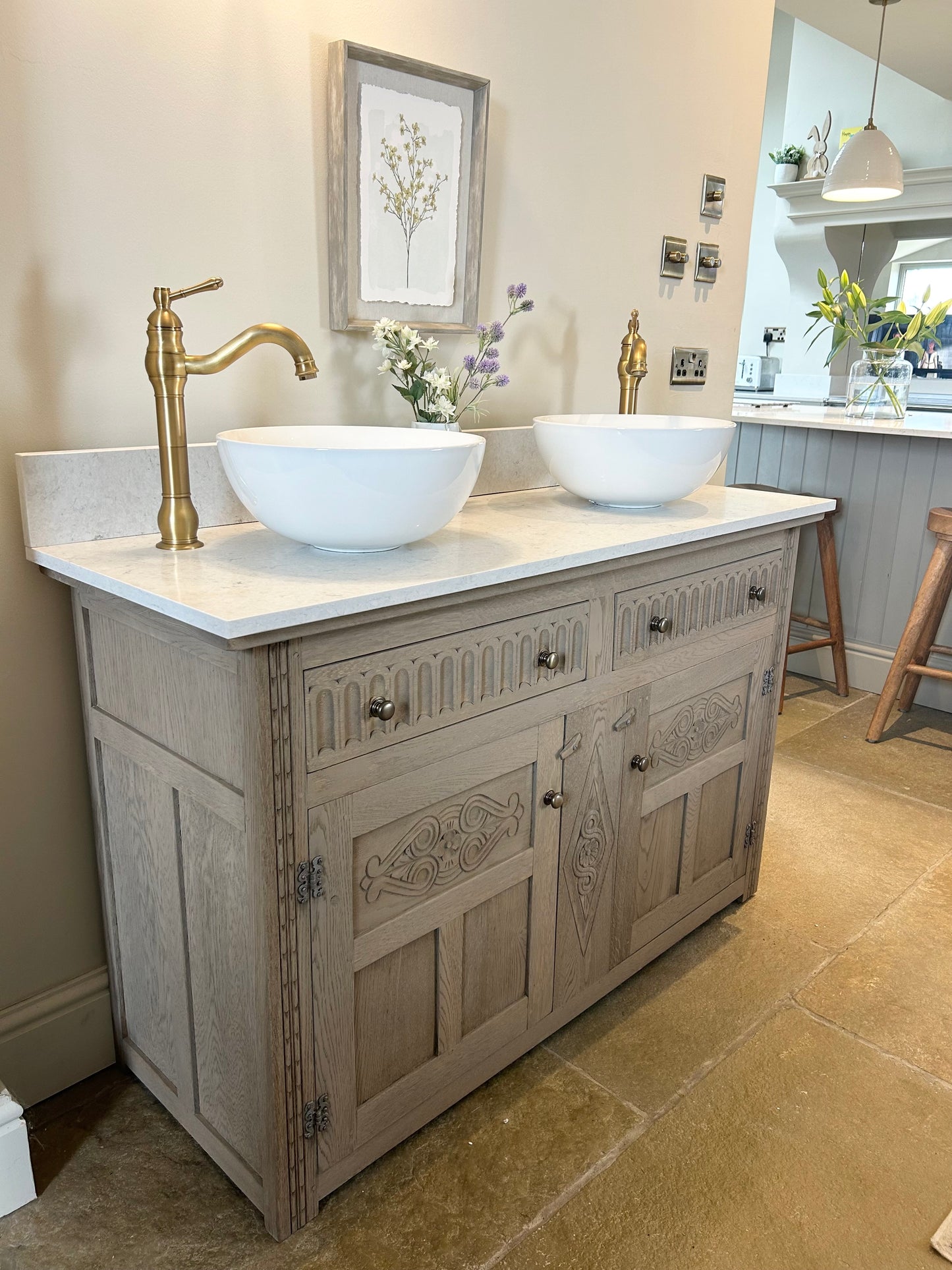 Large Rustic Vintage Double Vanity with Quartz top.