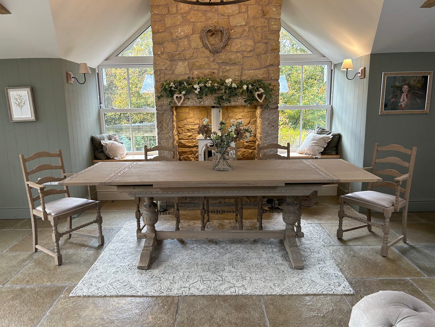 Vintage Weathered Oak Dining Table and 8 Chairs Set