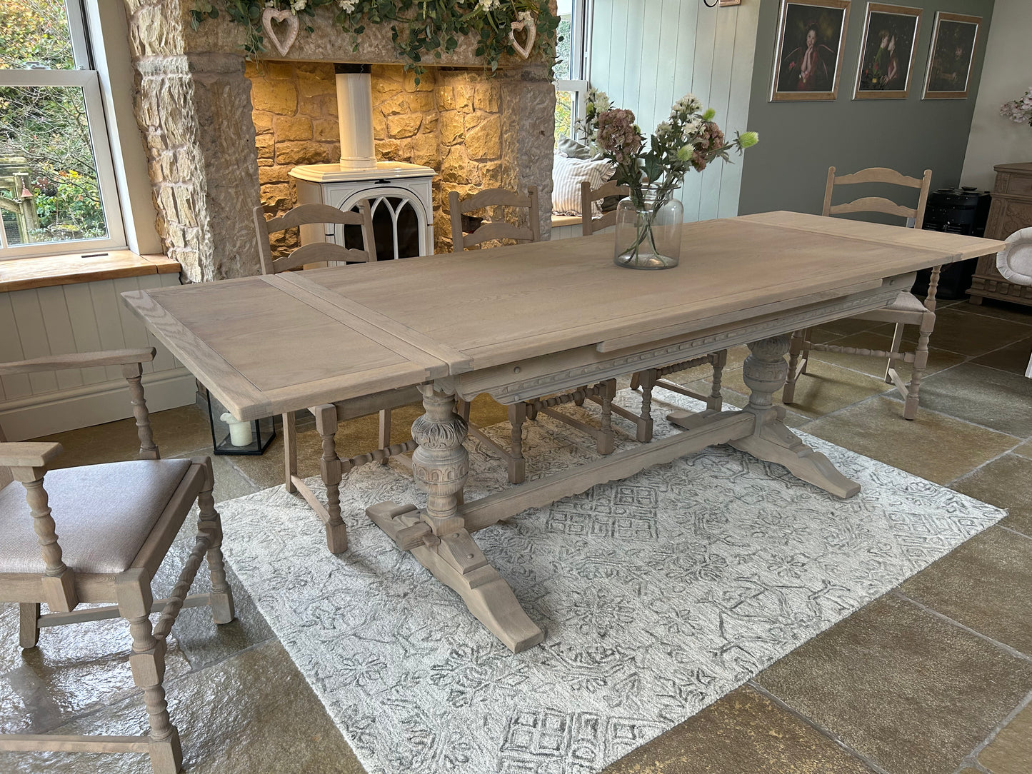 Vintage Weathered Oak Dining Table and 8 Chairs Set