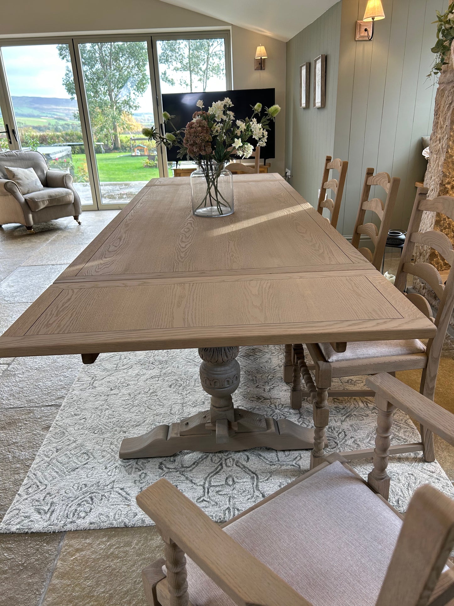 Vintage Weathered Oak Dining Table and 8 Chairs Set