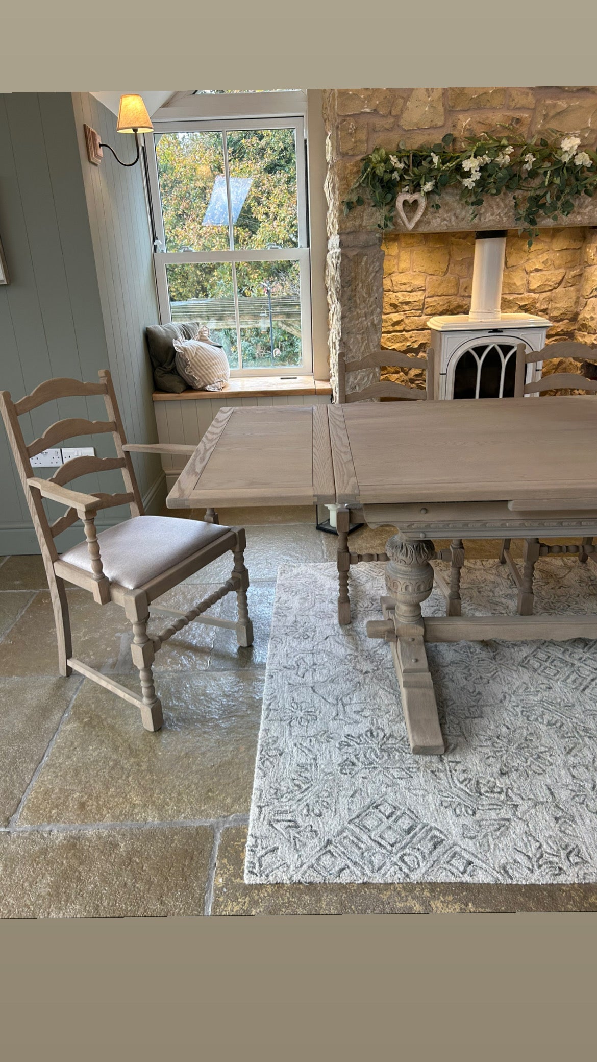 Vintage Weathered Oak Dining Table and 8 Chairs Set