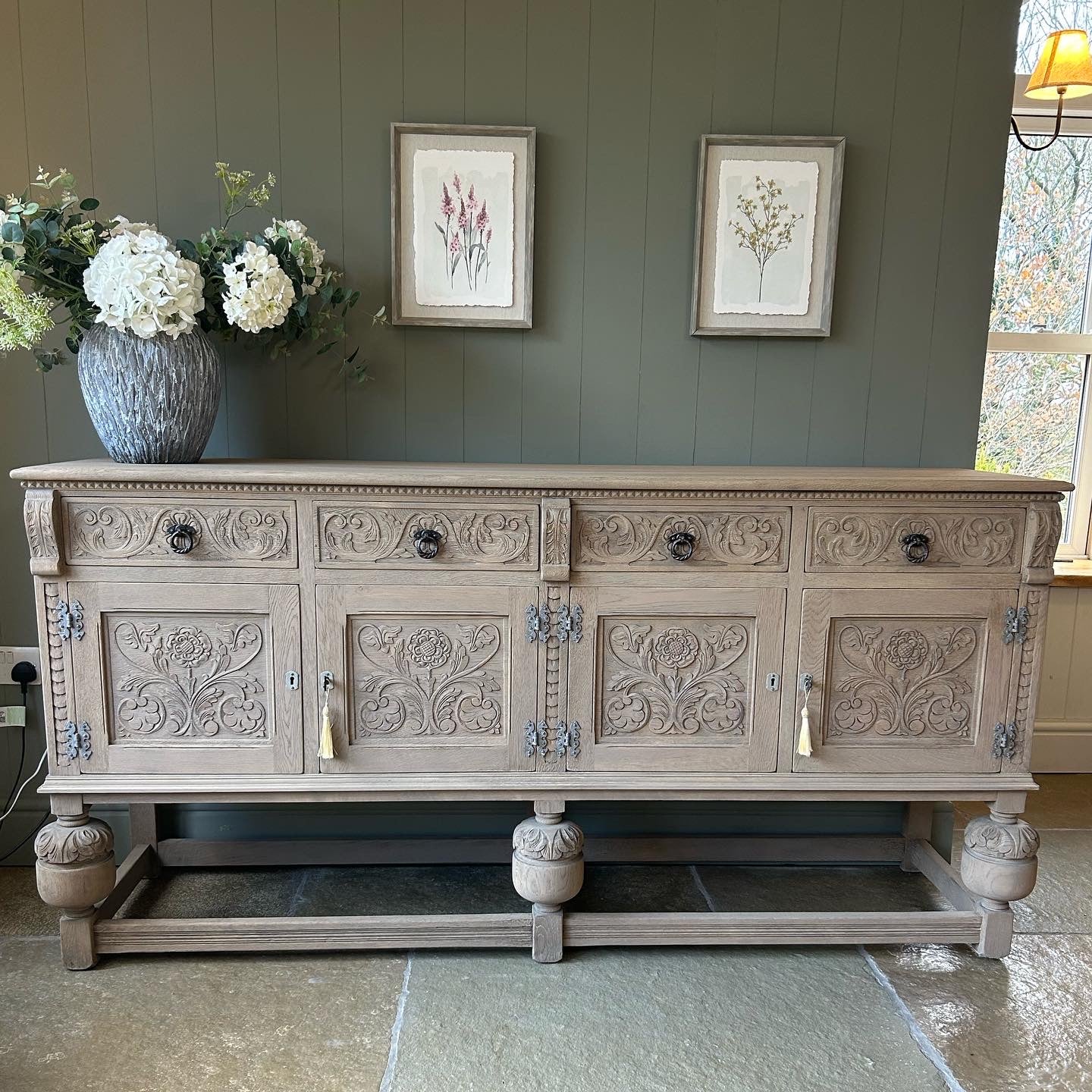 Vintage Carved Weathered Oak Sideboard