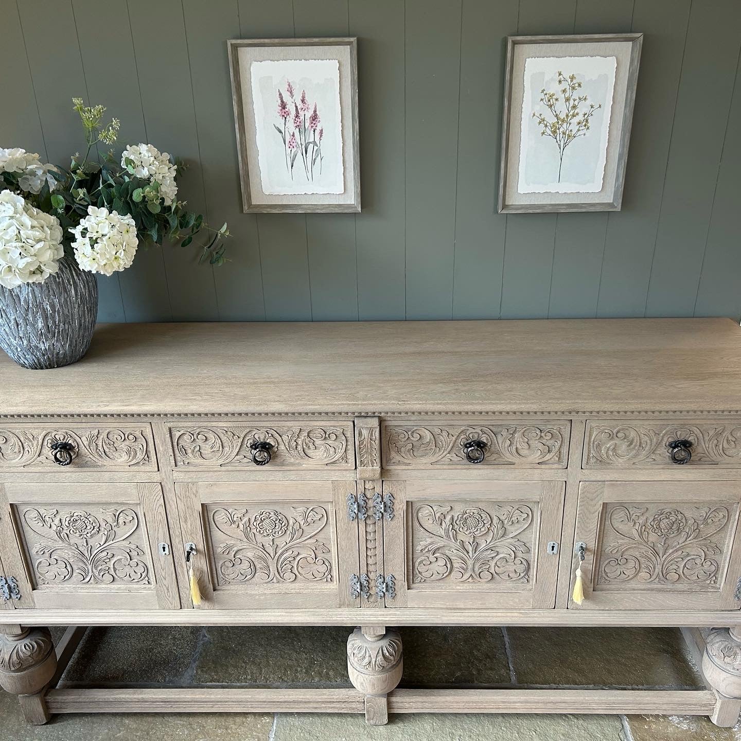 Vintage Carved Weathered Oak Sideboard