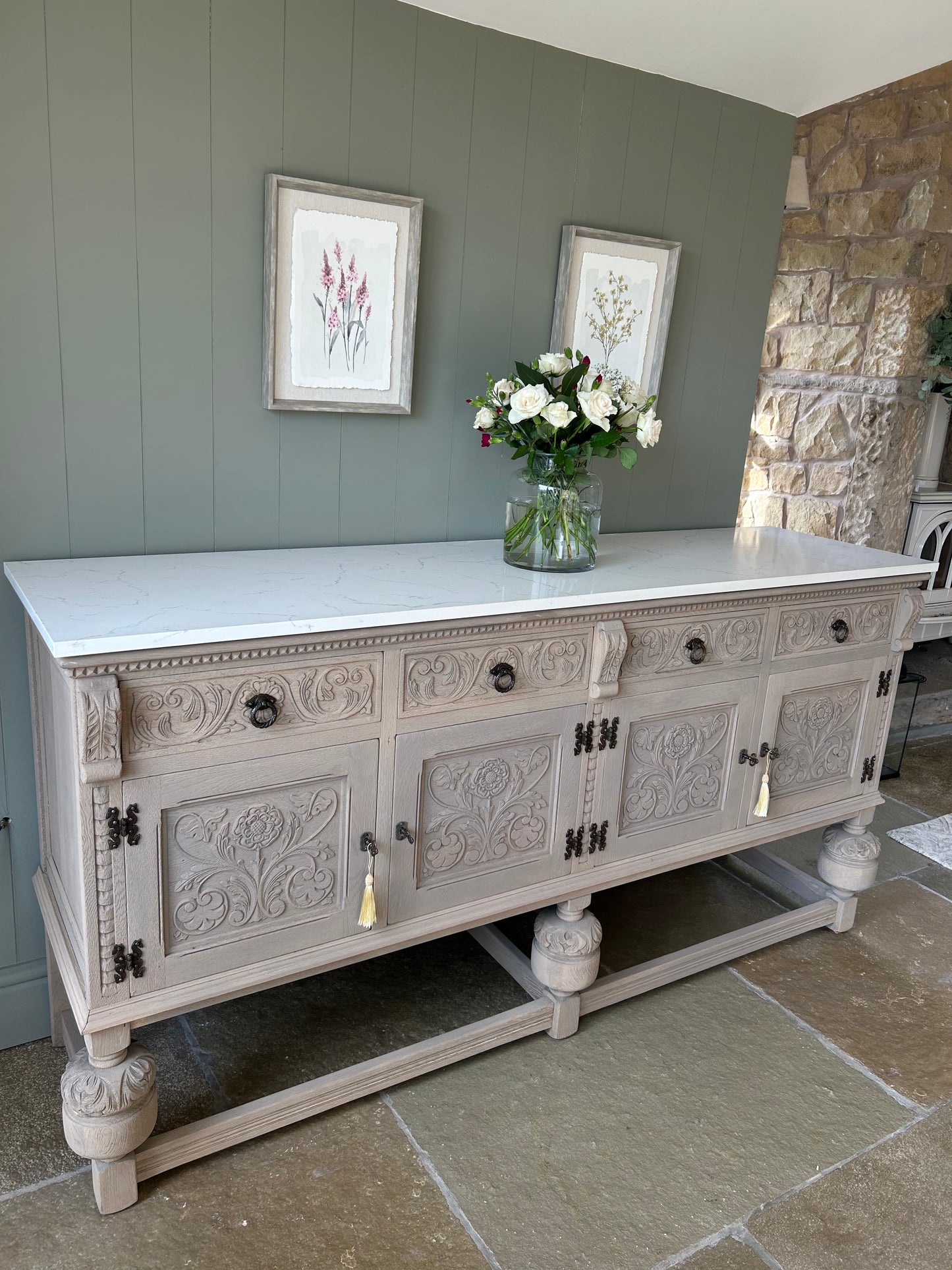 *Vintage Quartz Topped Extra Large detailed Weathered oak sideboard.