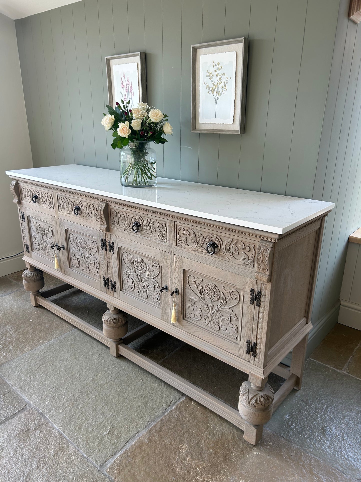 *Vintage Quartz Topped Extra Large detailed Weathered oak sideboard.