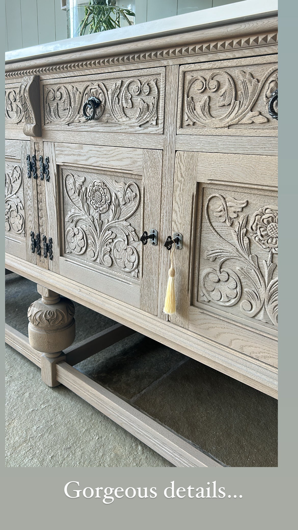 *Vintage Quartz Topped Extra Large detailed Weathered oak sideboard.