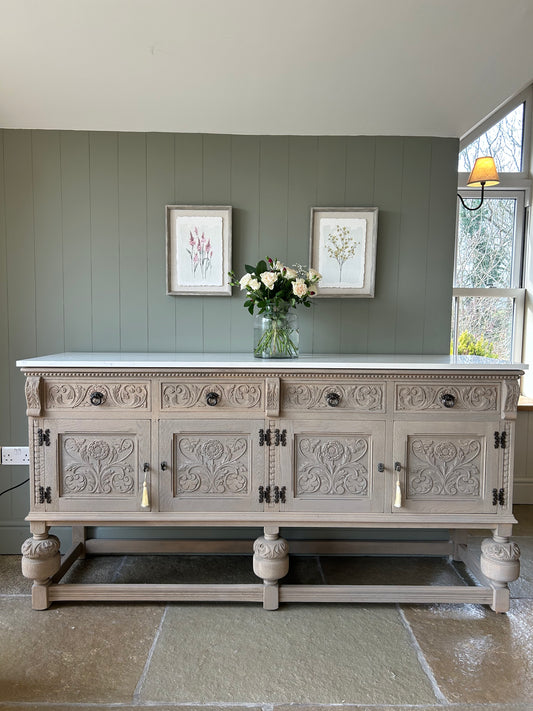 *Vintage Quartz Topped Extra Large detailed Weathered oak sideboard.