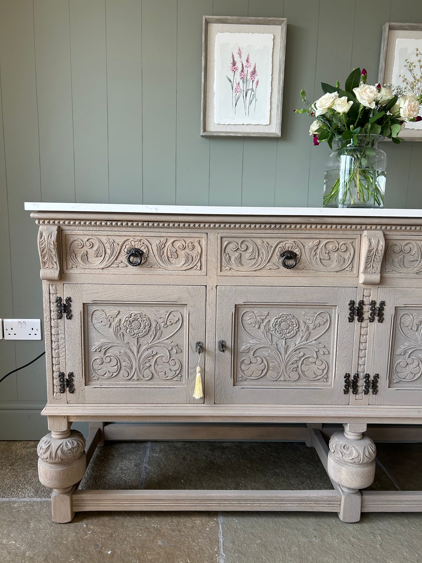 *Vintage Quartz Topped Extra Large detailed Weathered oak sideboard.