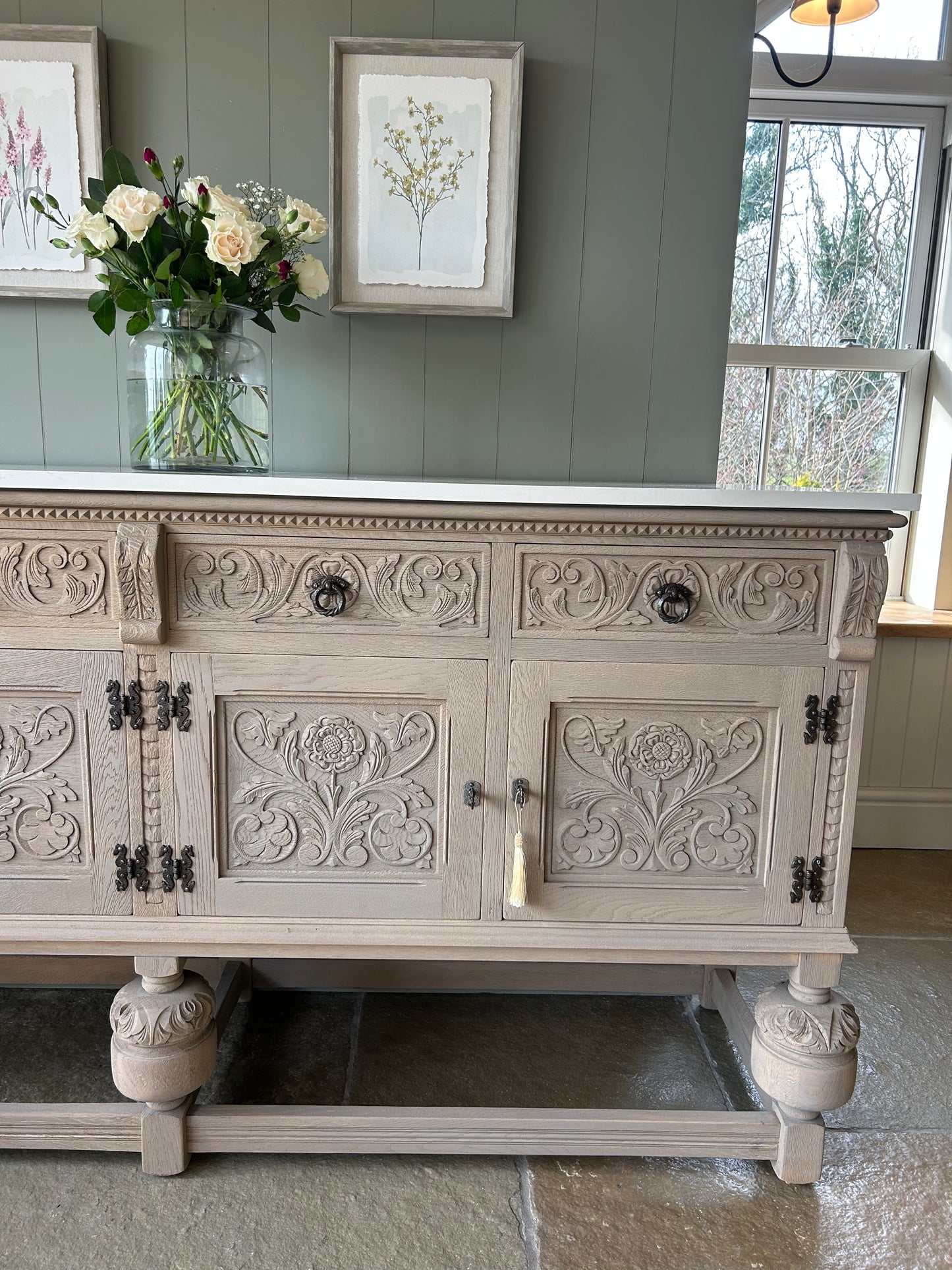 *Vintage Quartz Topped Extra Large detailed Weathered oak sideboard.