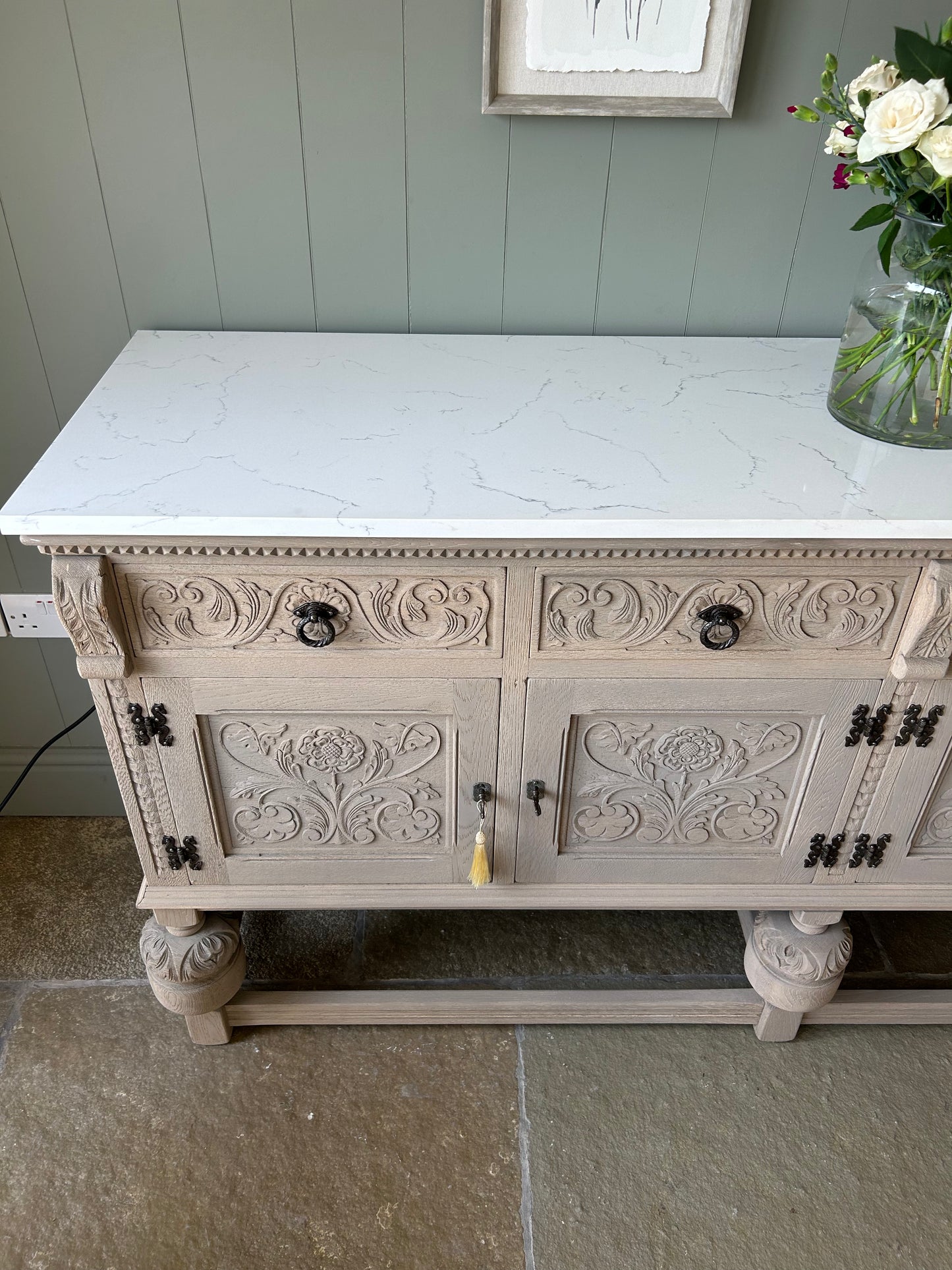 *Vintage Quartz Topped Extra Large detailed Weathered oak sideboard.