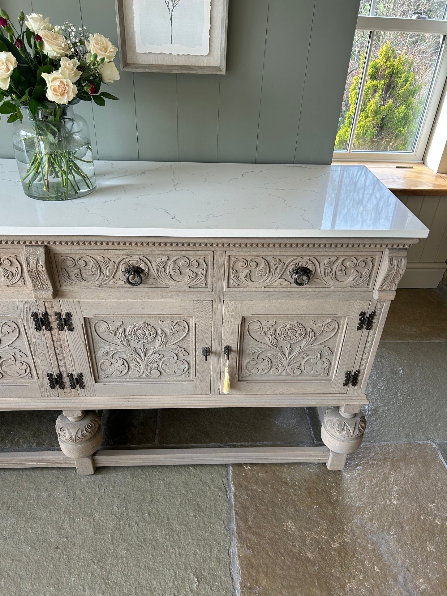 *Vintage Quartz Topped Extra Large detailed Weathered oak sideboard.