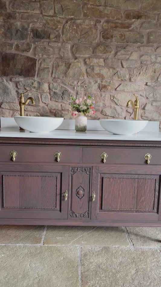 Vintage Solid Oak Vanity Sink, in a Classic Dark Oak, Quartz Top, Upstand and two basins